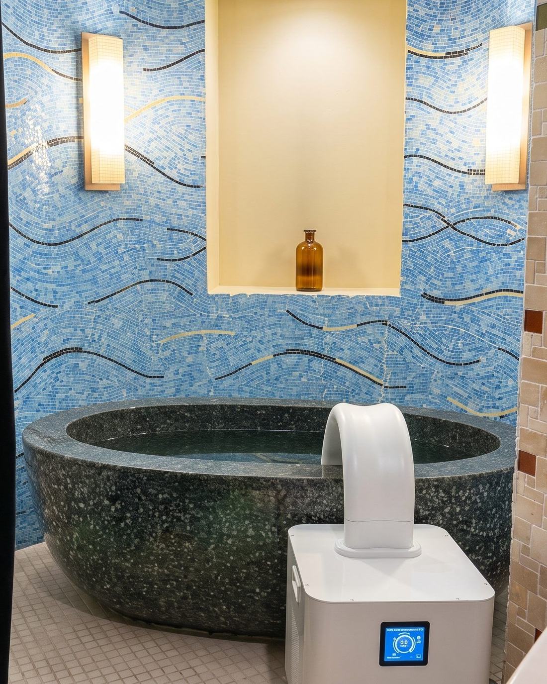The HomePlunge chiller beside a mosaic spa tub at Carillon Miami